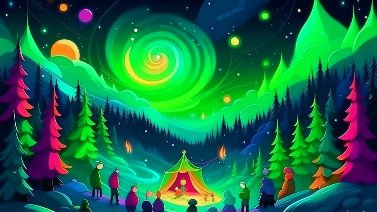 fantasy cartoon illustration: Norther lights during Christmas party