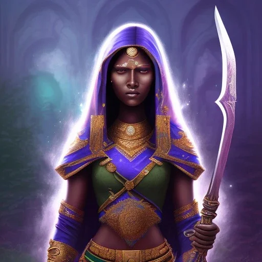 Fantasy setting, woman, dark-skinned, indian, ranger, 23 years old, shaved side haircut, wavy hair