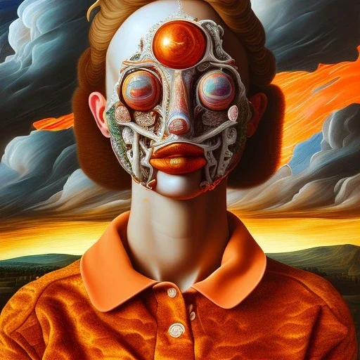 a painting of clouds in orange sunset, by lucian freud and botero, textured, anatomically correct, beautiful woman perfect face, green eyes, sharp focus, highly detailed. desolate background. the royal tenenbaums