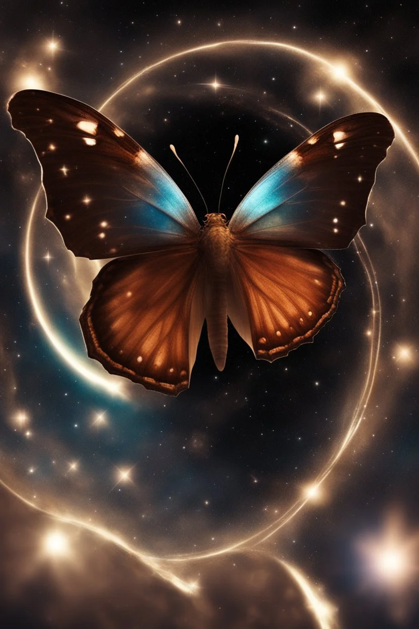 A luminous brown butterfly in a galaxy in space