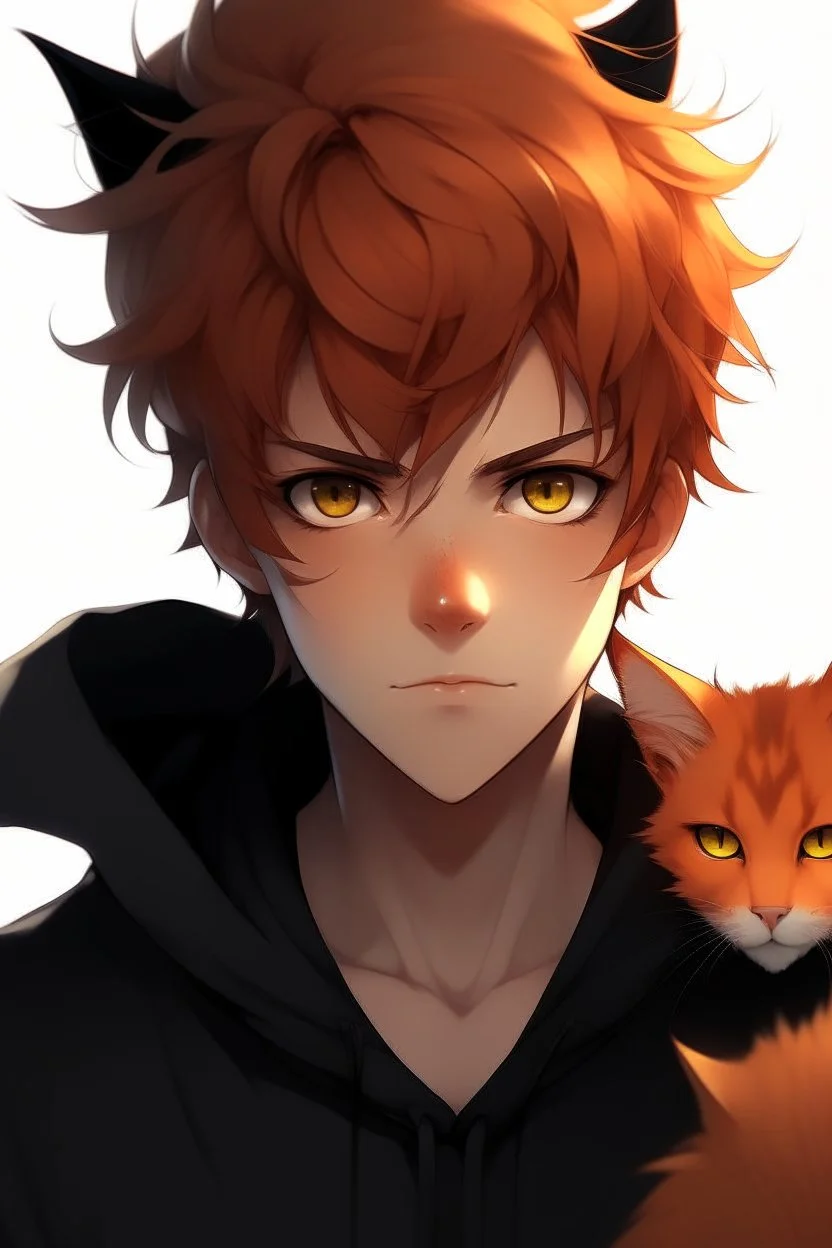 A young adult male human, one black cat ear, one orange cat ear, black and orange messy hair anime realistic