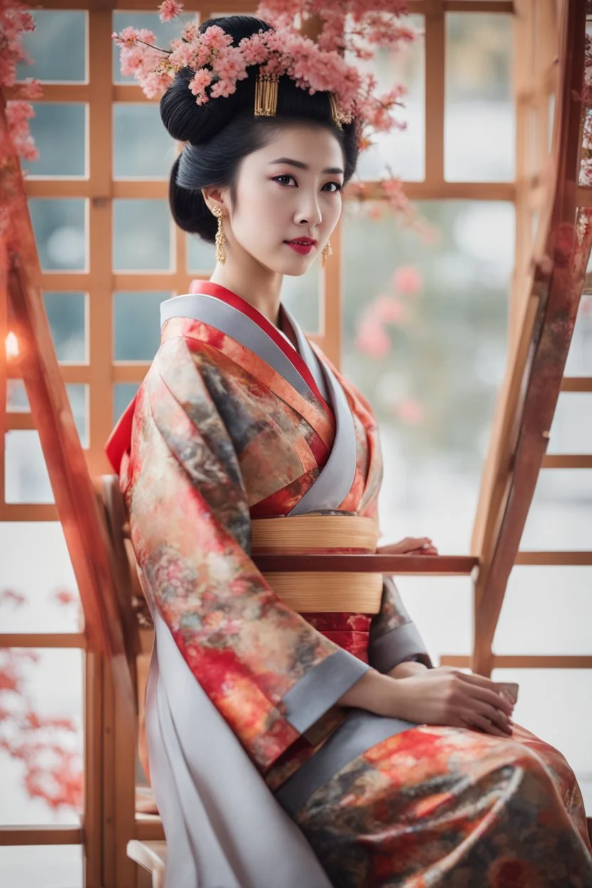 Ultra realistic photo beautiful geisha woman beauty ,one person young adult beautiful woman, sitting, clothing, women adult ,fashion dress, young women, beautiful people, indoors, full length hairstyle , ,smiling ,window looking ,sitting on floor contemplation ,floral pattern , futuristic style, HOF, captured with professional DSLR camera, 64k, ultra detailed,