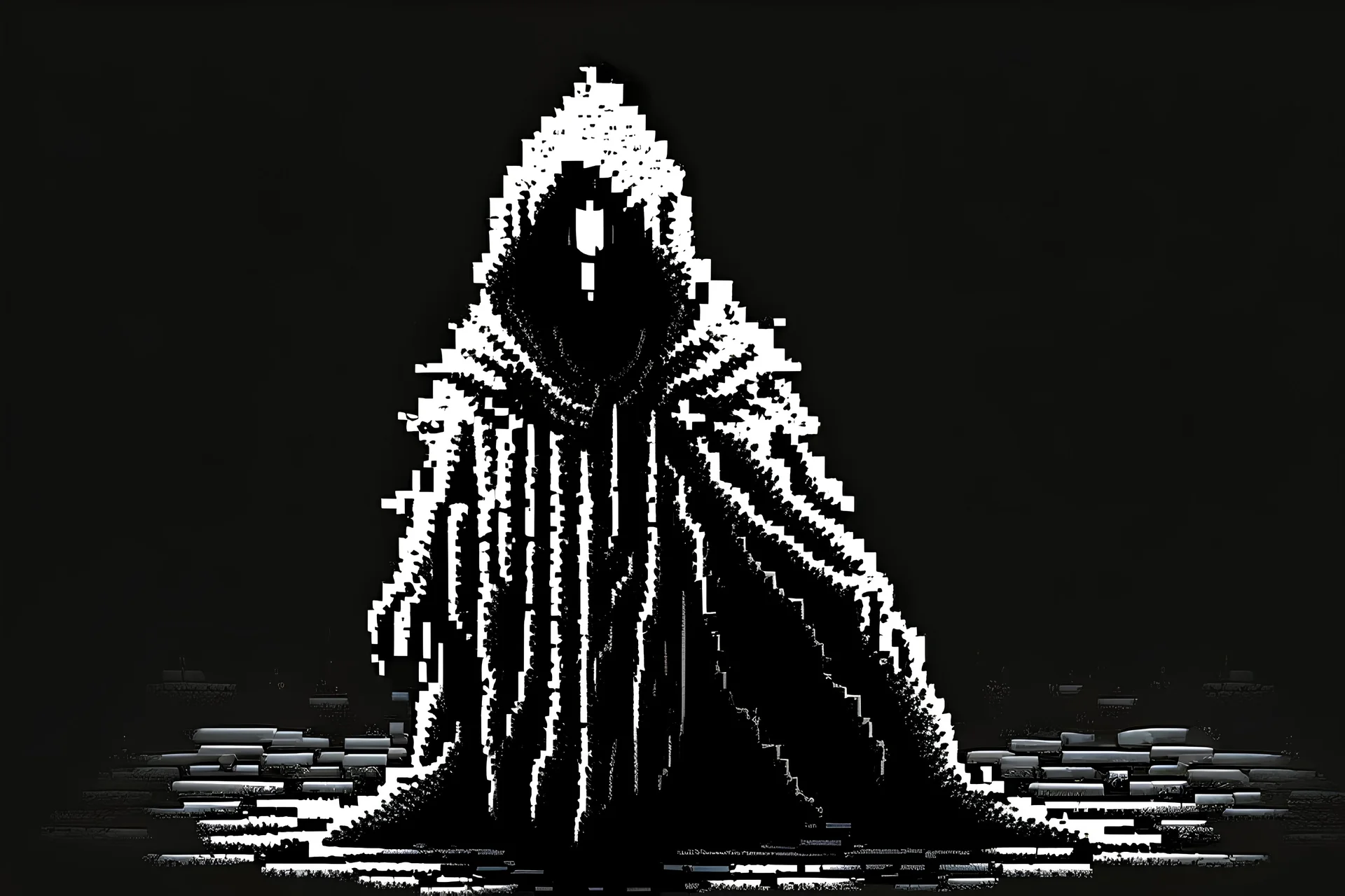 pixelart, black and white, 8bit, mysterious humanoid figure wrapped in a tattered cloak, with glowing, eerie eyes that pierce the darkness