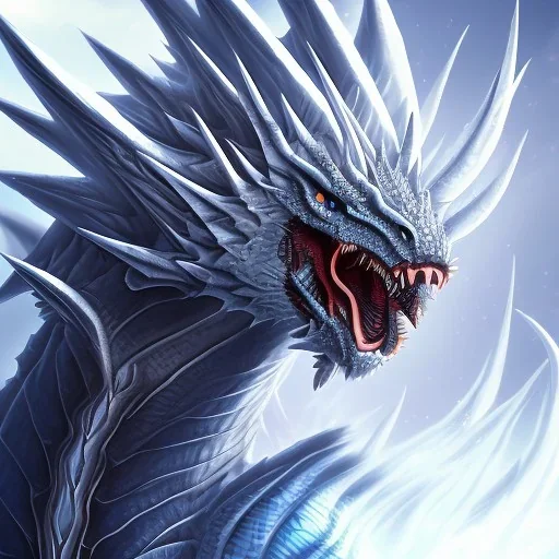 ice dragon with white mask, lots of spikes on its neck, spikes on its back, a few spikes on its tail, and a lightning ball beside it