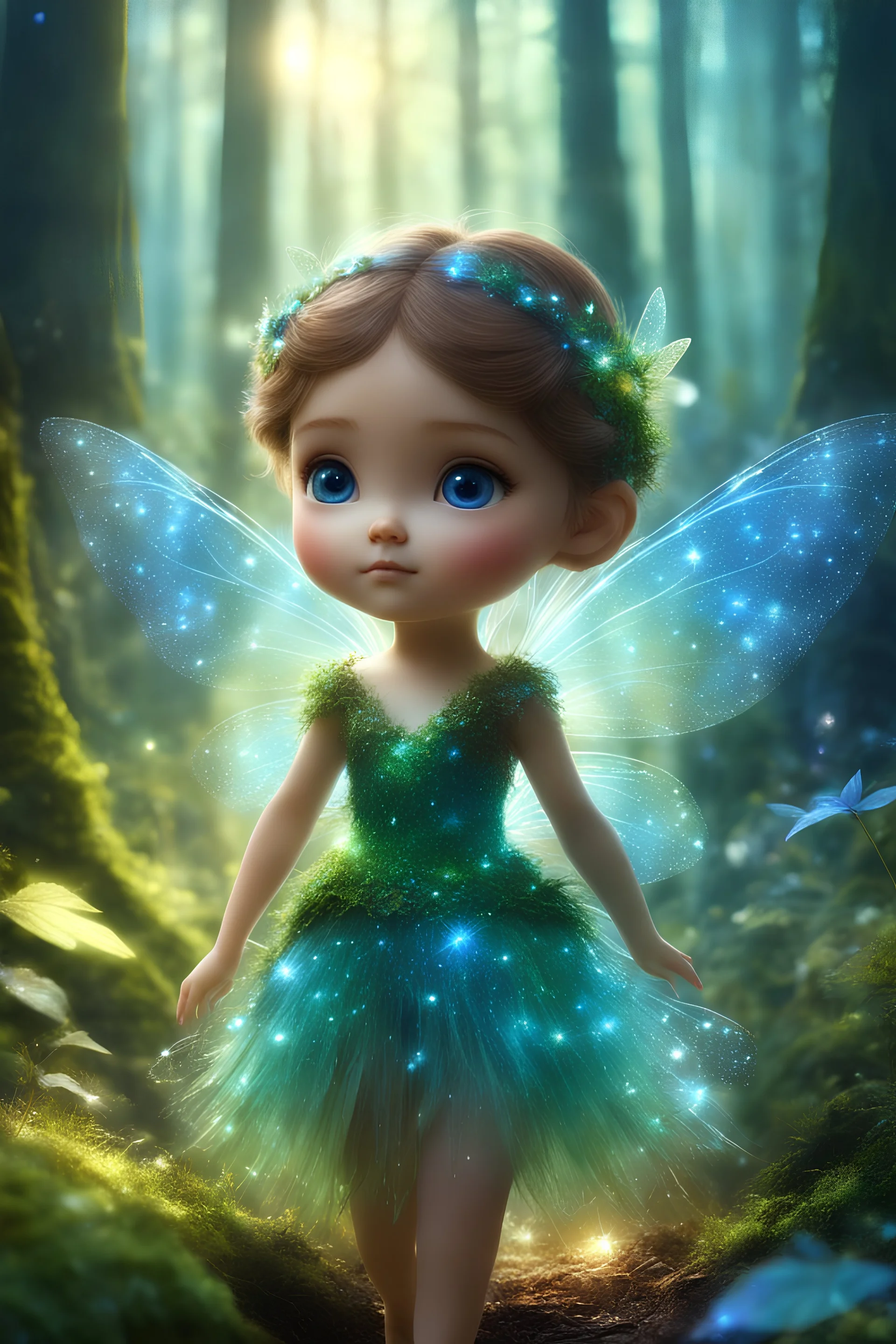 Beauty little Fairy, walk in sparkless light magic forest,sparkles, blue, brown, green, clear lines, detail, fine rendering, high resolution, 4K, photorealism, precise focus, double exposure, fantasy epic cute pixar 3d