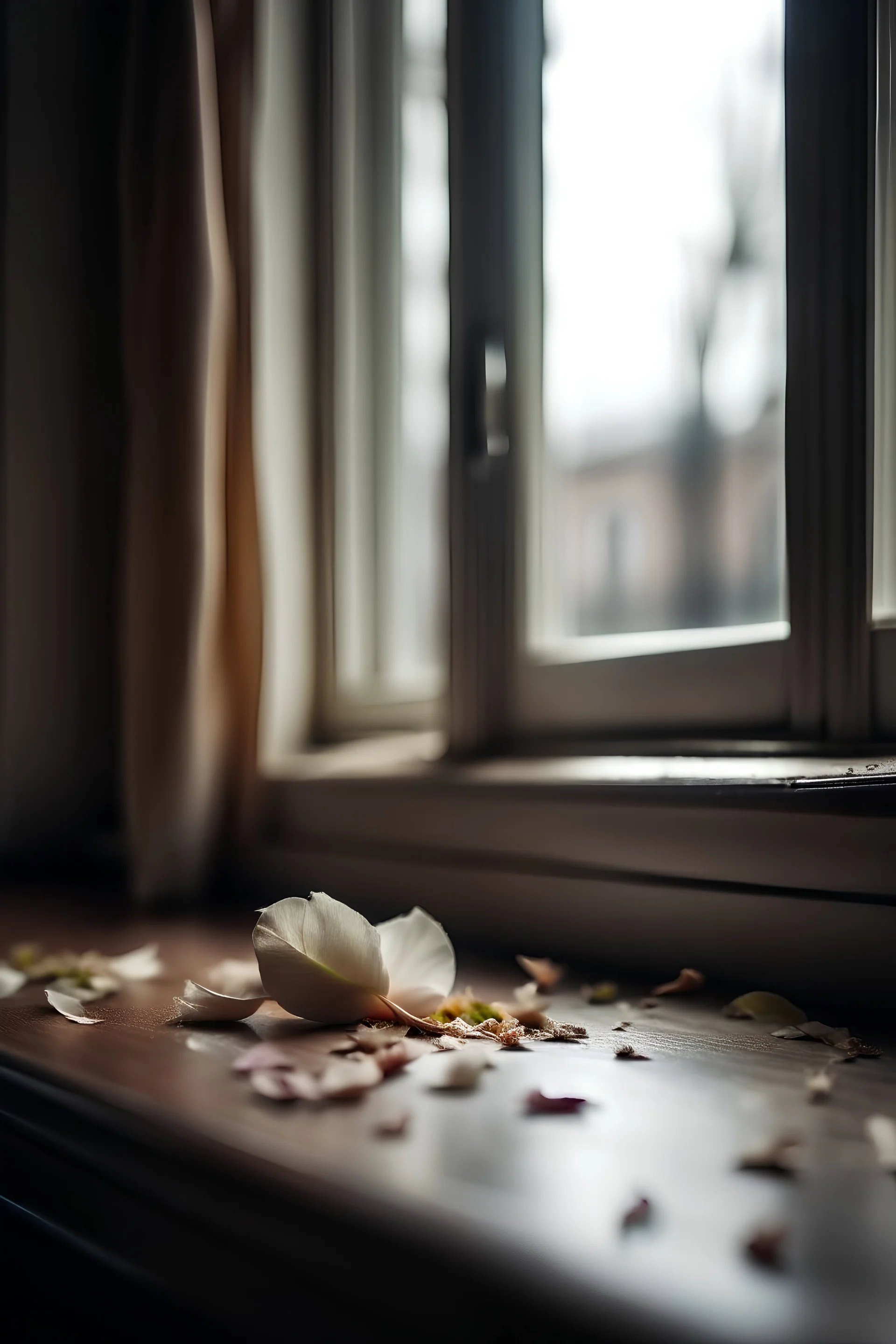 Wilted petal falling from windowsill, hd, realism, hdr, 4k, leica, fujifilm, dslr, cinematic