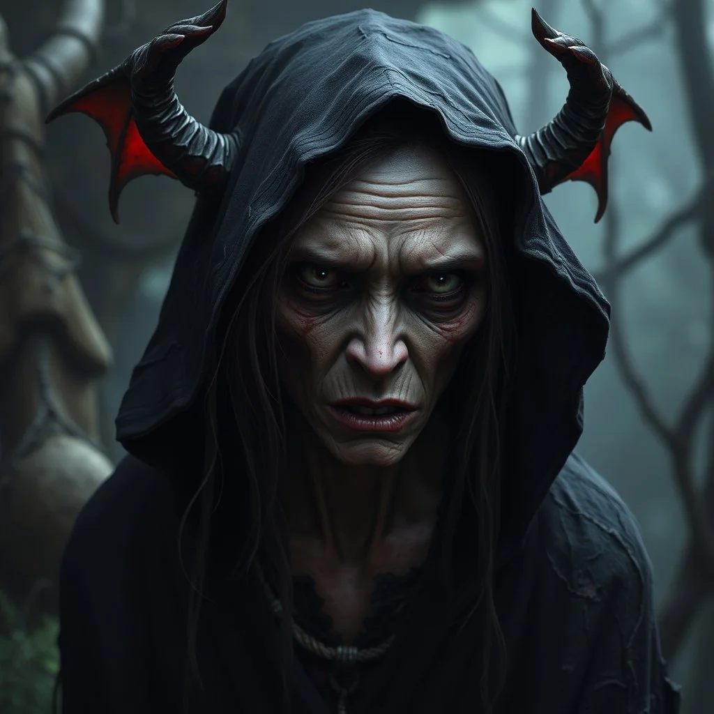 The demon witch, Lorissa Nightshade, appears—a gaunt, pale woman with hollowed out eyes and wearing tattered and torn robes. Grimdark realistic