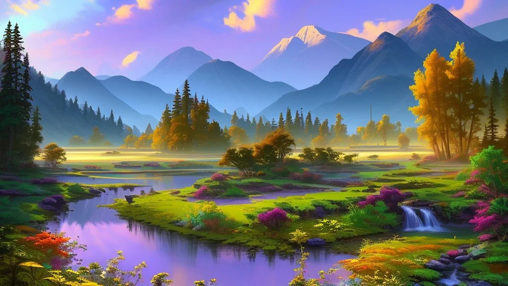 Serene landscape by day with sunlight beams with river running trough mountains, a forest with a lot of vibrant colors, in the style of bob ross, thomas kadinskade and albert bierstadt. Peacefull and calming, intricate details, vibrant.