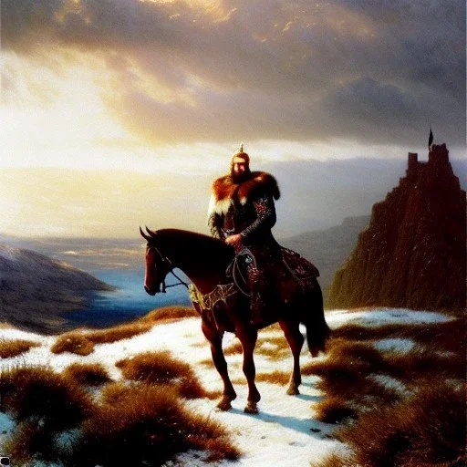 portrait of 'The Northman-Viking King on horse',ancient metal armor,castle,army, snow, cold, painting by gaston bussiere, greg rutkowski, yoji shinkawa, yoshitaka amano, tsutomu nihei, donato giancola, tim hildebrandt, evan lee,oil on canvas, cinematic composition, extreme detail,fit full head inside picture,16k