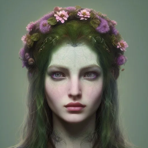 A beautiful female celtic druid with hair made out of flowers, digital art, HD, 8k, high definition, very high quality, detailed eyes, nature, druid, fantasy