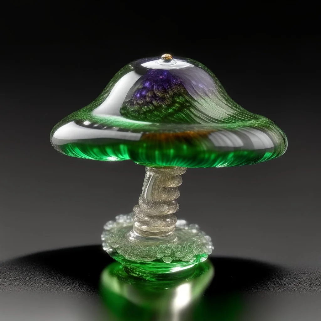 handmade glass art, a forest mushroom, the stem is made of clear transparent glass, small air bubbles and green glass stripes in the core of the stem, the shape is thick at the bottom and narrows at the top. The hat itself is made of purple clear glass where green fused glass is laid as a spiral from the middle outwards on top of the hat and is melted into the hat. The stem is set on a fused purple glass base with yellow glass stripes radiating from the center outwards. Placed in a window