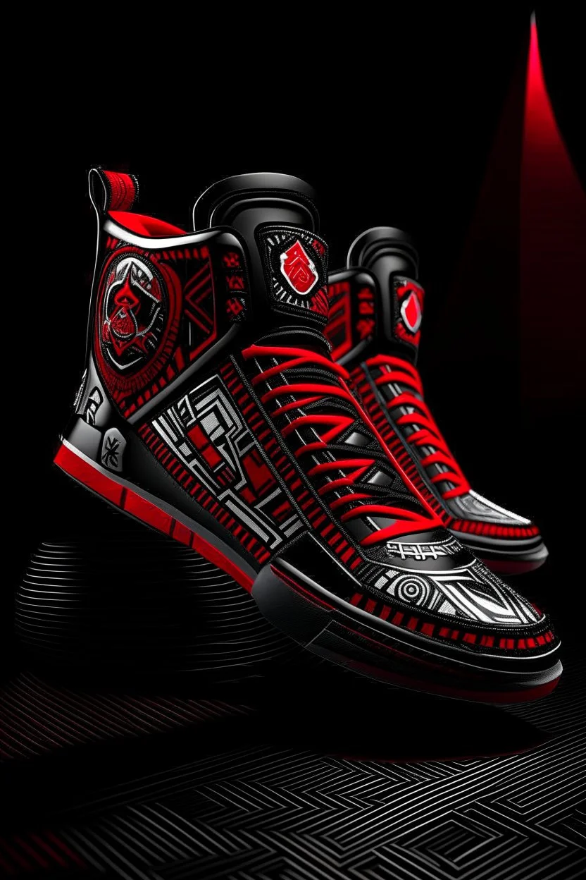 A futuristic black, red and chrome heavy sneaker based on mexican traditional folk art