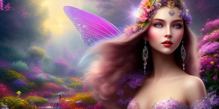 bright fairy, beautiful portrait, flowery landscape