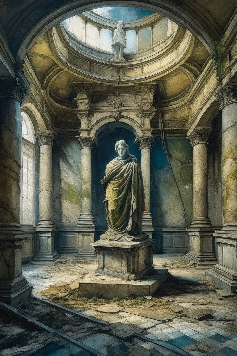 Oil painting an old stone statue exposed from above in the middle of a large abandoned palace hall