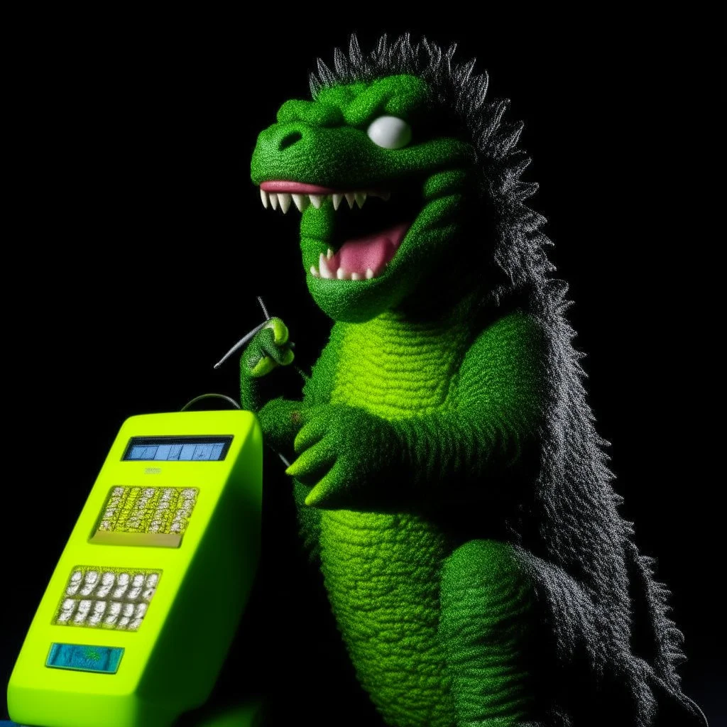 Godzilla as a muppet kawaii calling phone using a nokia, studio photo