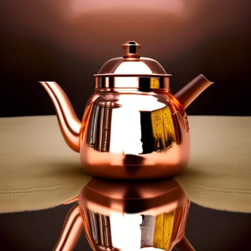 The reflection of a child on the surface of an old copper teapot