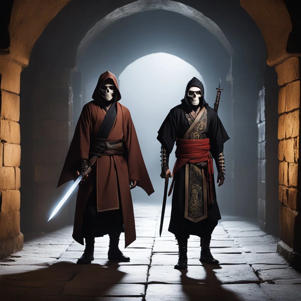 full-body photo of two characters of an ADnD campaign in a crypt. character 1: is a male ninja in a dark kimono, character 2: is a sorceress skeleton in a brown cape