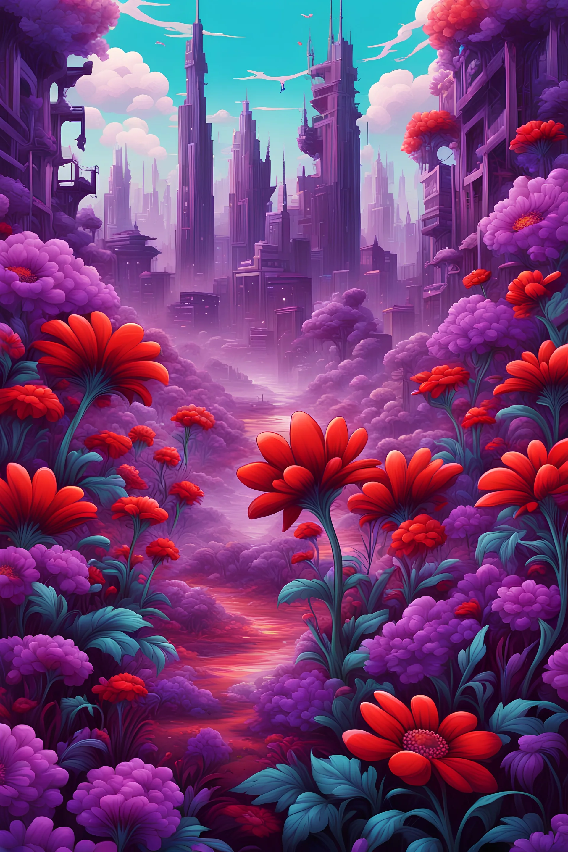 vibrant psychedelic urban culture image, airbrush, 48k, cartoon art image background purple and red flowers surrounding , dystopian