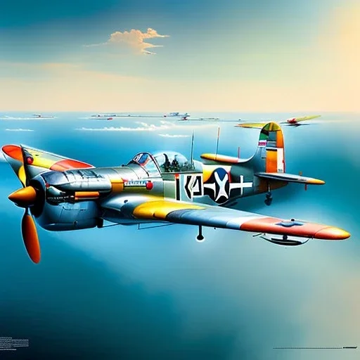 fullbody Drawing of 'Messerschmitt Bf 109 (Germany)- Aircraft of WWII',intricate detail,andrea bonelli,Kilian Eng,Ohrai,evan lee,Aleksandr Sidelnikov,KyuYong Eom,three quarters frontal aerial view,toned colors,16k