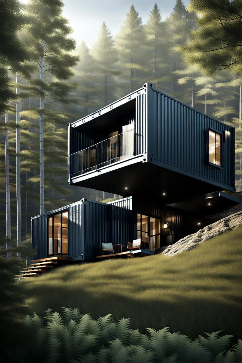 Modern house made from shipping containers, on a hill in the woods, photorealistic