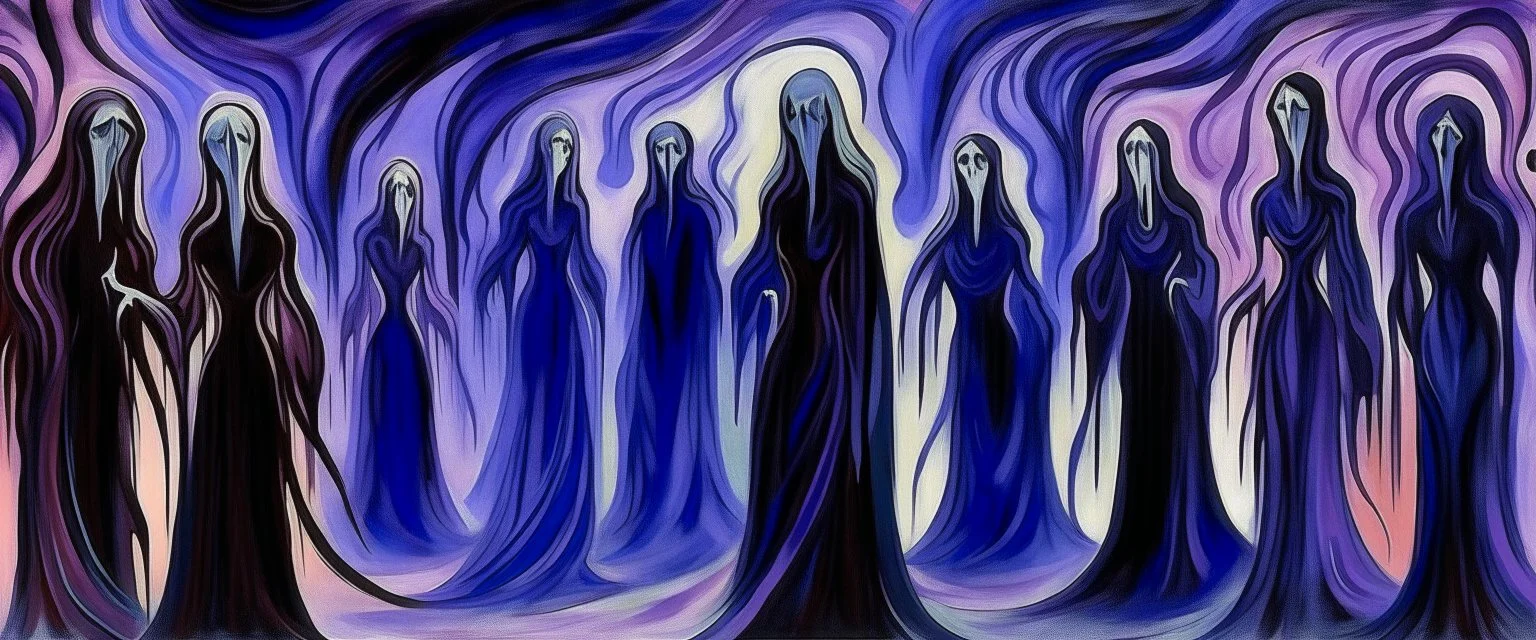 A purple shadow realm filled with dark spirits painted by Edvard Munch