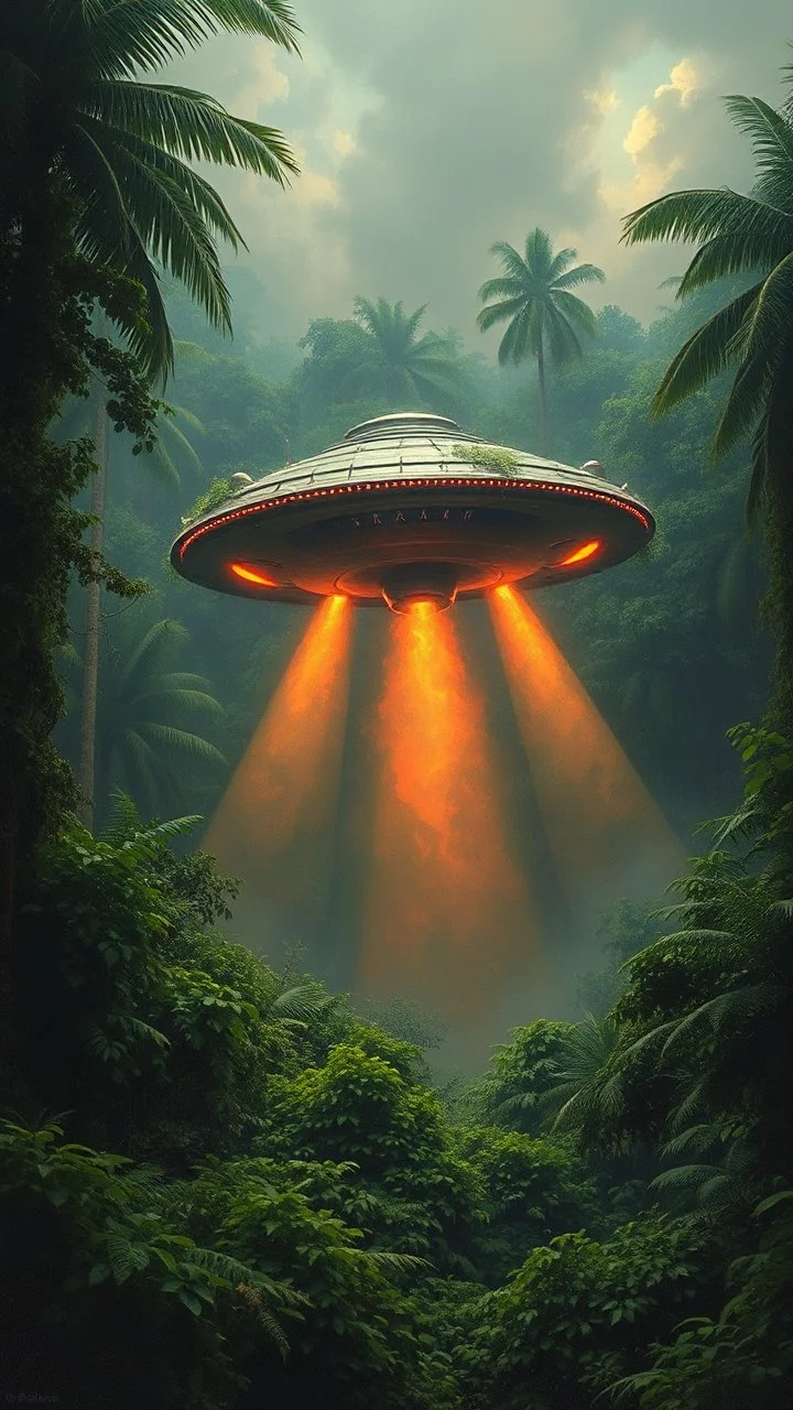 A UFO spacecraft crashed in the Amazon rainforest , covered with green bushes, Busch painting style nightmare