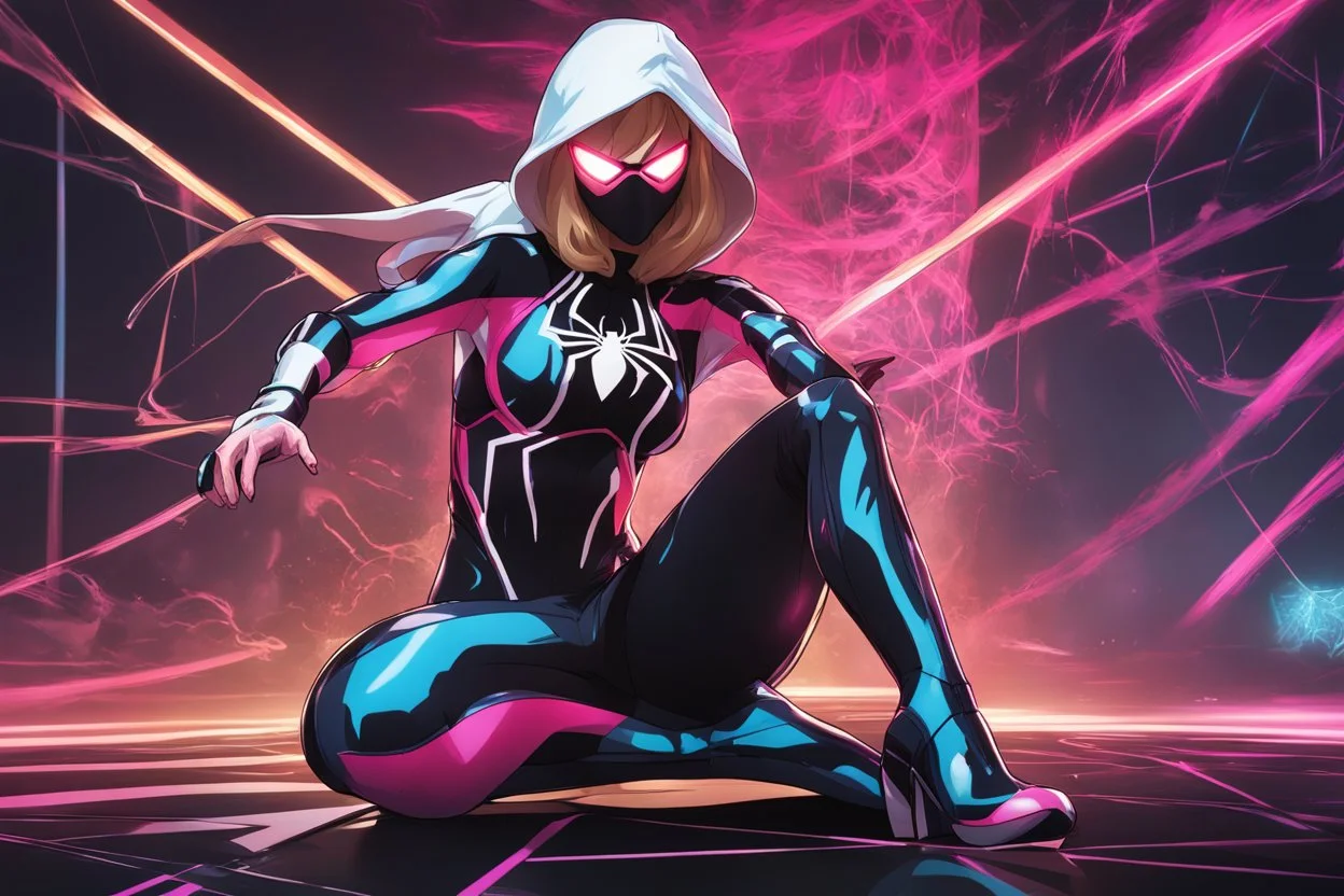 Spidergwen with RGB cyber mask in 8k solo leveling shadow artstyle, Crystal and Symbiote them, neon effect , magic circle, hoodie, close picture, full body, apocalypse, intricate details, highly detailed, high details, detailed portrait, masterpiece,ultra detailed, ultra quality