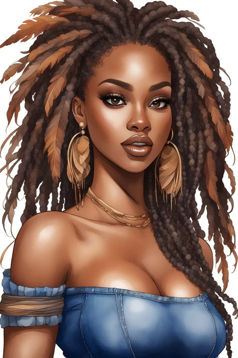 create a watercolor illustration of a curvy black female wearing Tight blue jeans and a hazel brown off the shoulder blouse. Prominent make up with long lashes and hazel eyes. She is wearing brown feather earrings. Highly detailed long black shiny dread locs