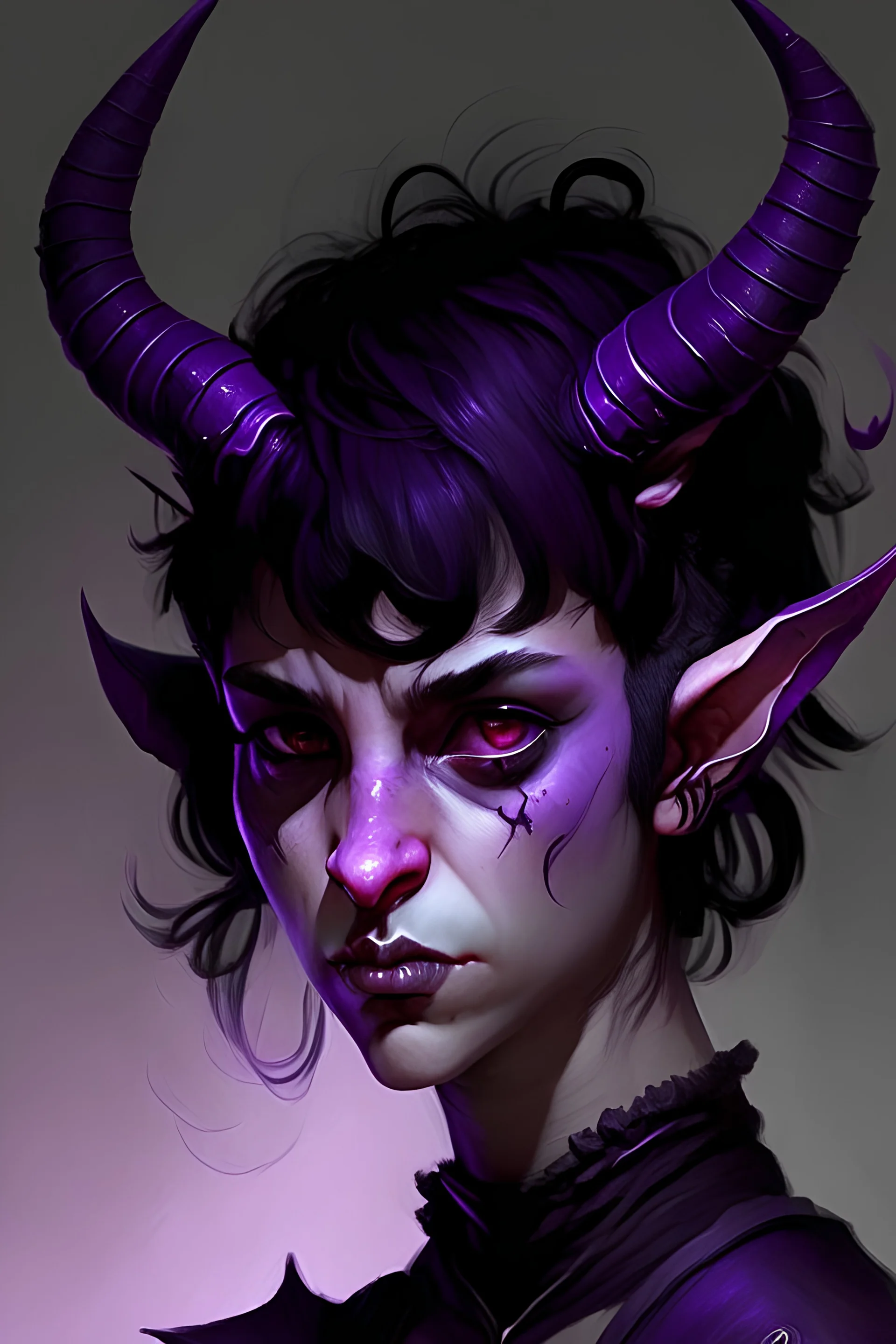 girl tiefling purple skinned; black horns; left horn is broken; black short hair. dark black eyes