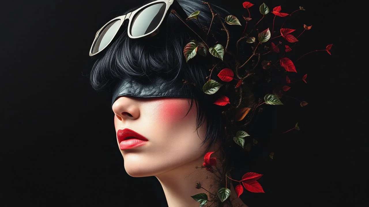 Thomas Ligotti, Mannequin World, In Space They Can't Hear You Scream, Dave McKean, Inspired by Zdzislaw Beksinski's Nightmare Paintings, Wassily Kandinsky, Double Exposure, Gnostic Tragedy, Sinister, Woman, Messy Black Hair, Made of Shiny Texture, Sunglasses on Head, Red Blush, Blindfolded, Half Smirk, Vine Design, Raspberry, Surreal, Futuristic, Black Open Background, Peach Skin, Leafy Textures, Shiny Plastic, Organic Aesthetics, Pink Red Tint, Green Leaves, Alien Design, Mutant Structure, Red