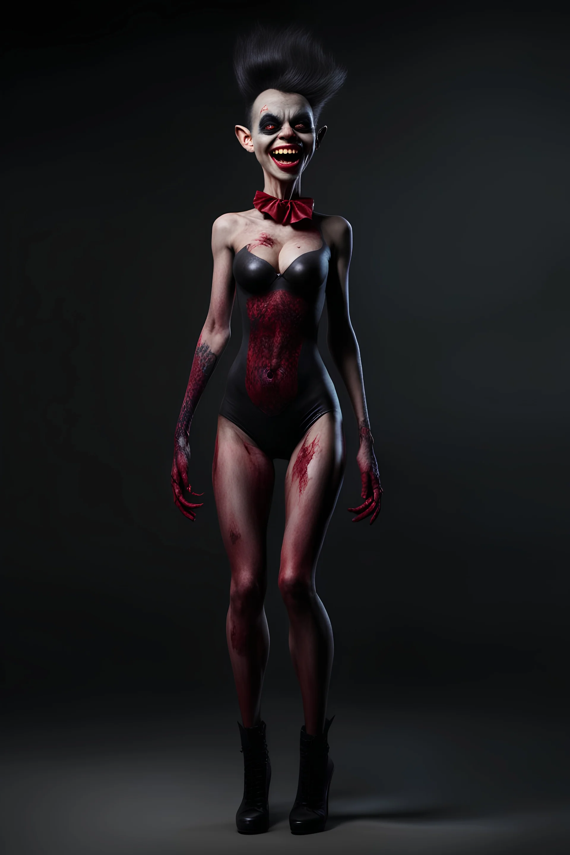 inspired by all the works of art in the world - laughing - Millie "The Bat" Miller, an extremely tiny, thin, voluptuous beautiful mickey mouse-faced vampire werewolf zombie female with a black mohawk, full body image, wearing a skinsuit, Absolute Reality, Reality engine, Realistic stock photo 1080p, 32k UHD, Hyper realistic, photorealistic, well-shaped, perfect figure, a multicolored, watercolor stained, wall in the background, hickory dickory Clock