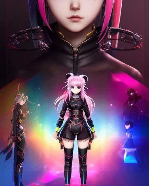 Detailed cute anime Kunoichi girl, rainbow hair buns, rainbow bangs, black latex bodysuit, intricate details, full body portrait, keep head in frame, slight smile, black Japanese motif, concept art, highly detailed, digital painting, concept art, sharp focus, illustration, art by Yoji Shinkawa, WLOP and greg rutkowski and alphonse mucha and artgerm and yanjun Chen and Junji ito and Makoto Shinkai, HDR, octane render