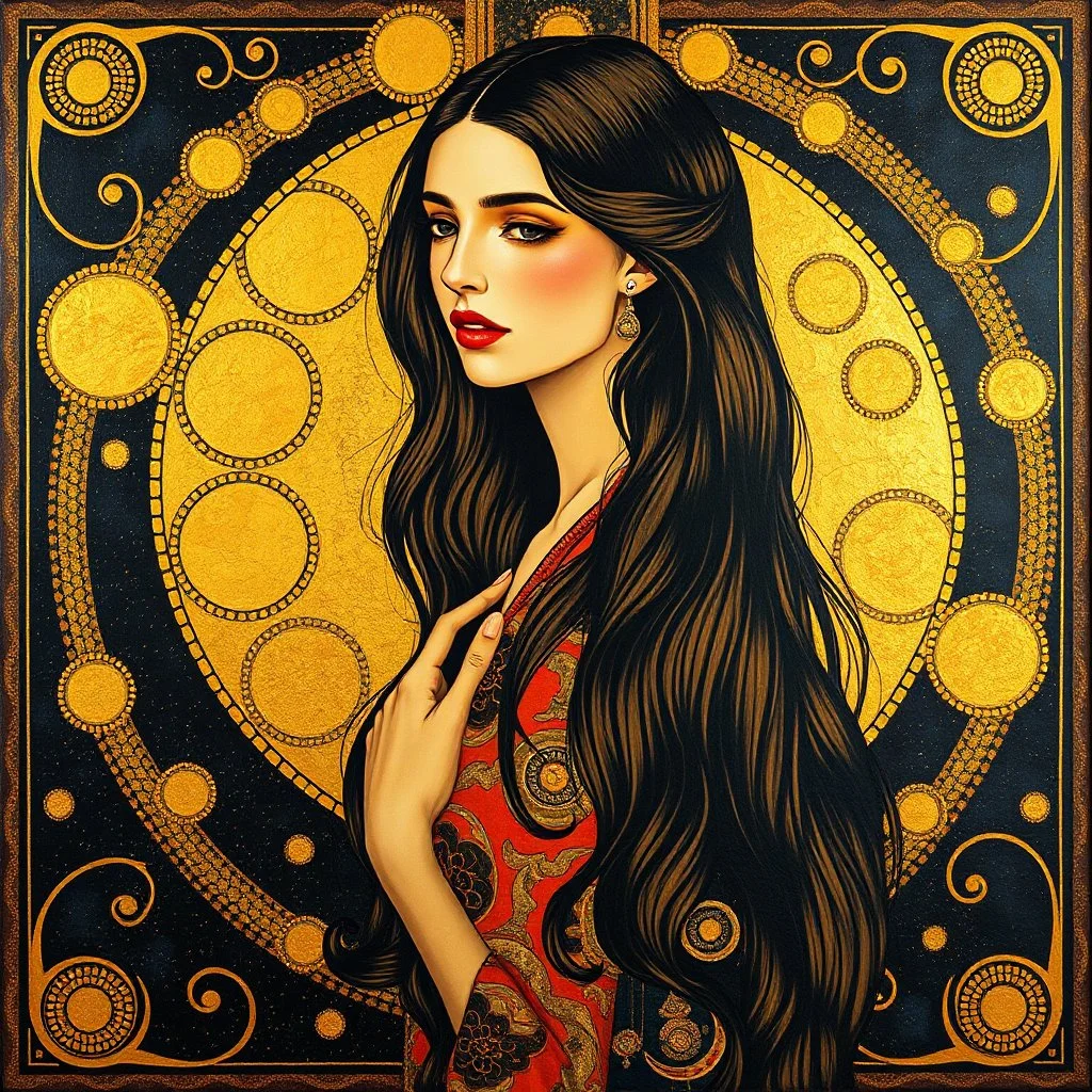 🔥 PROMPT: A stunning painting in the style of Gustav Klimt depicting a woman with long hair in a full-body portrait. The artwork features golden circles and swirls, a shimmering gold leaf background, and rich, detailed colors. This intricate piece exemplifies the Art Deco movement with its masterful design and vibrant elements.