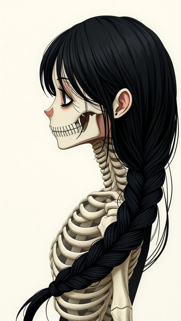 illustration of a girl with paper bones and glass skin, highly detailed dark black hair in a single long braid