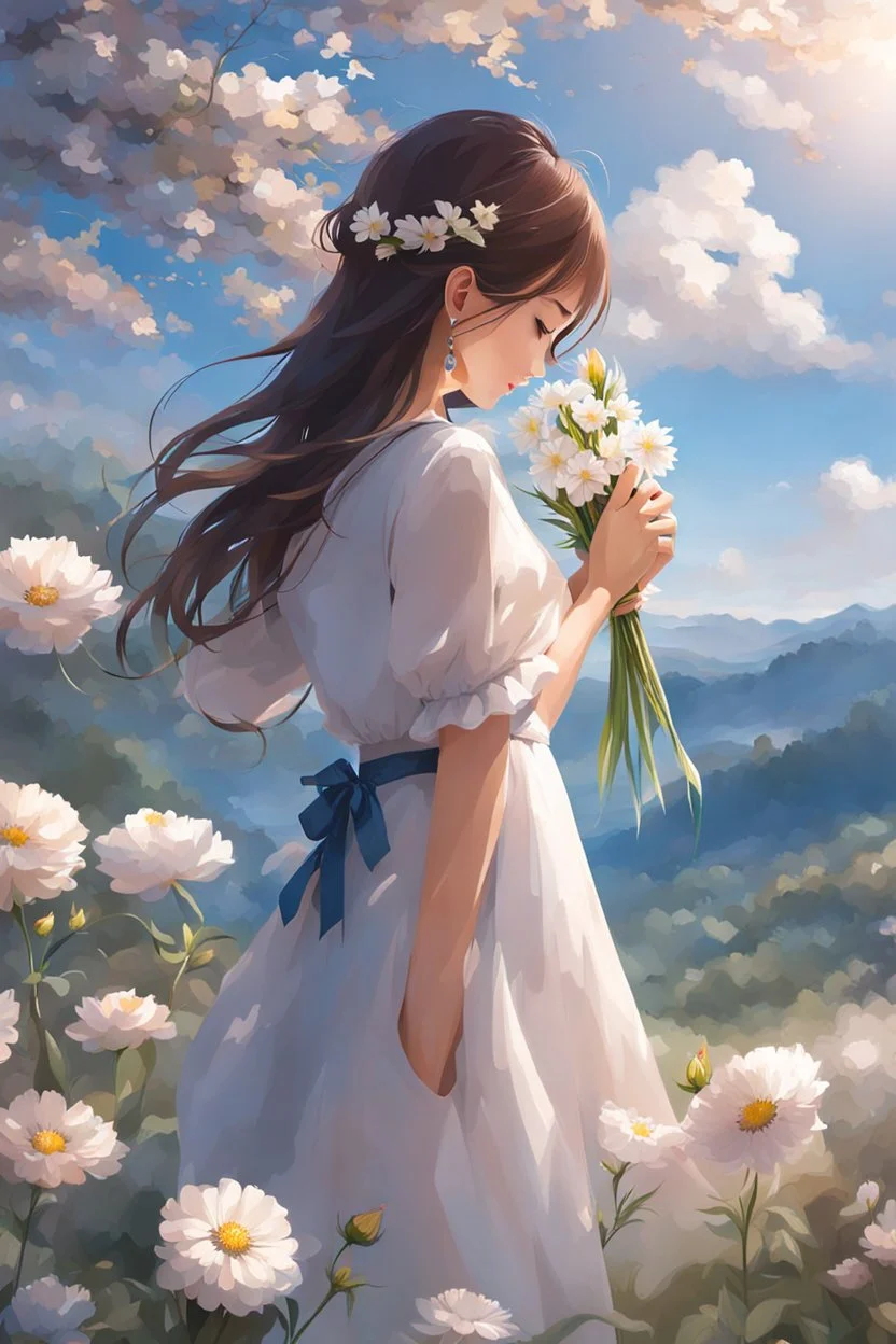 romantic environment heaven flowers clear nice clouds ,young girl gracefully whispering her lovely joy,full body shot.