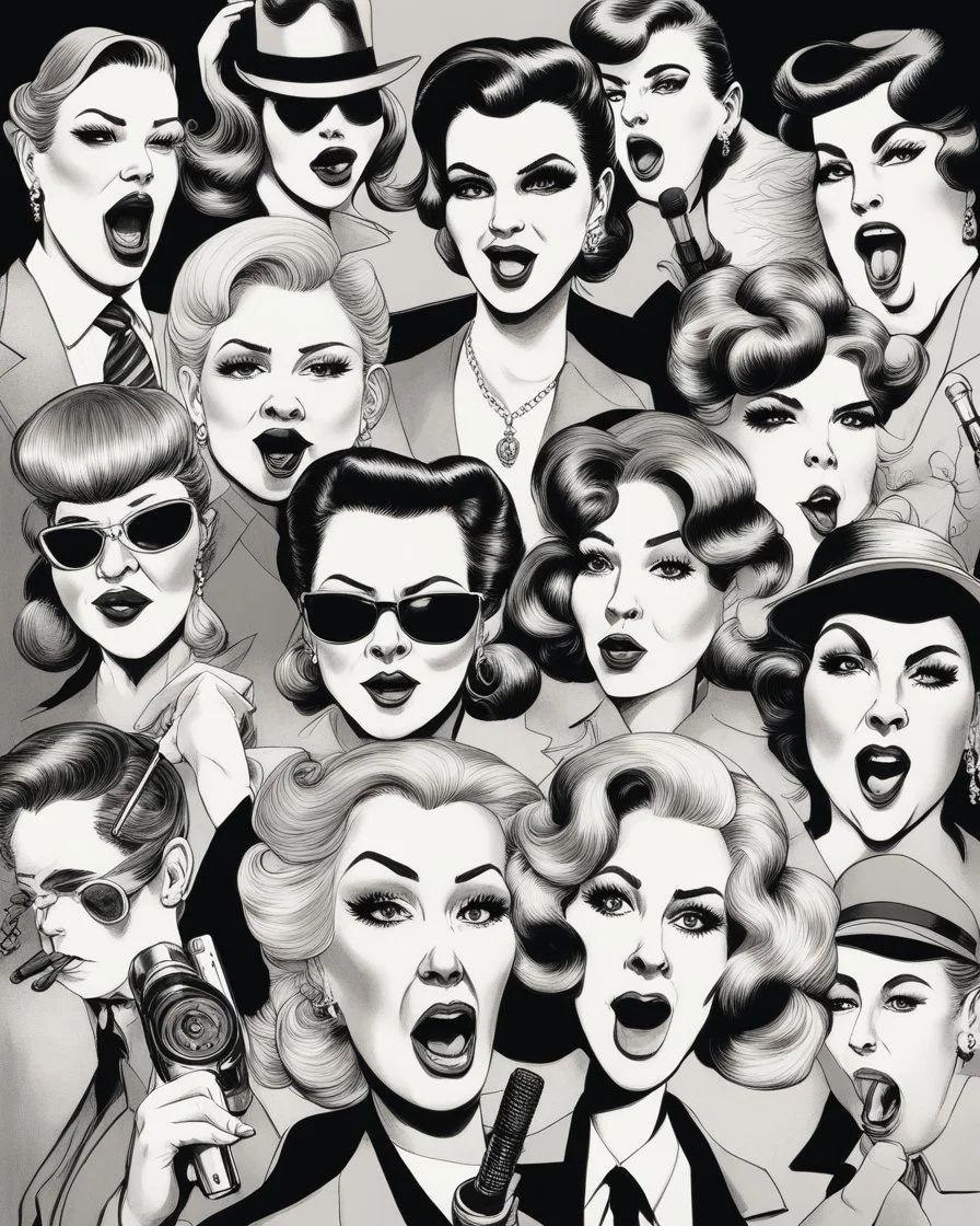 Poster of a hand-drawn caricature of a group of very ugly adult women, posing in a mafia style, and speaking with microphones in the shape of guns. The facial features of each woman are extremely exaggerated, some are big-eared, big-nosed, with a firm mouth, which makes them look silly, evil and stupid. Superimposed there is the following phrase: "LAS MUÑECAS DE LA MAFIA"