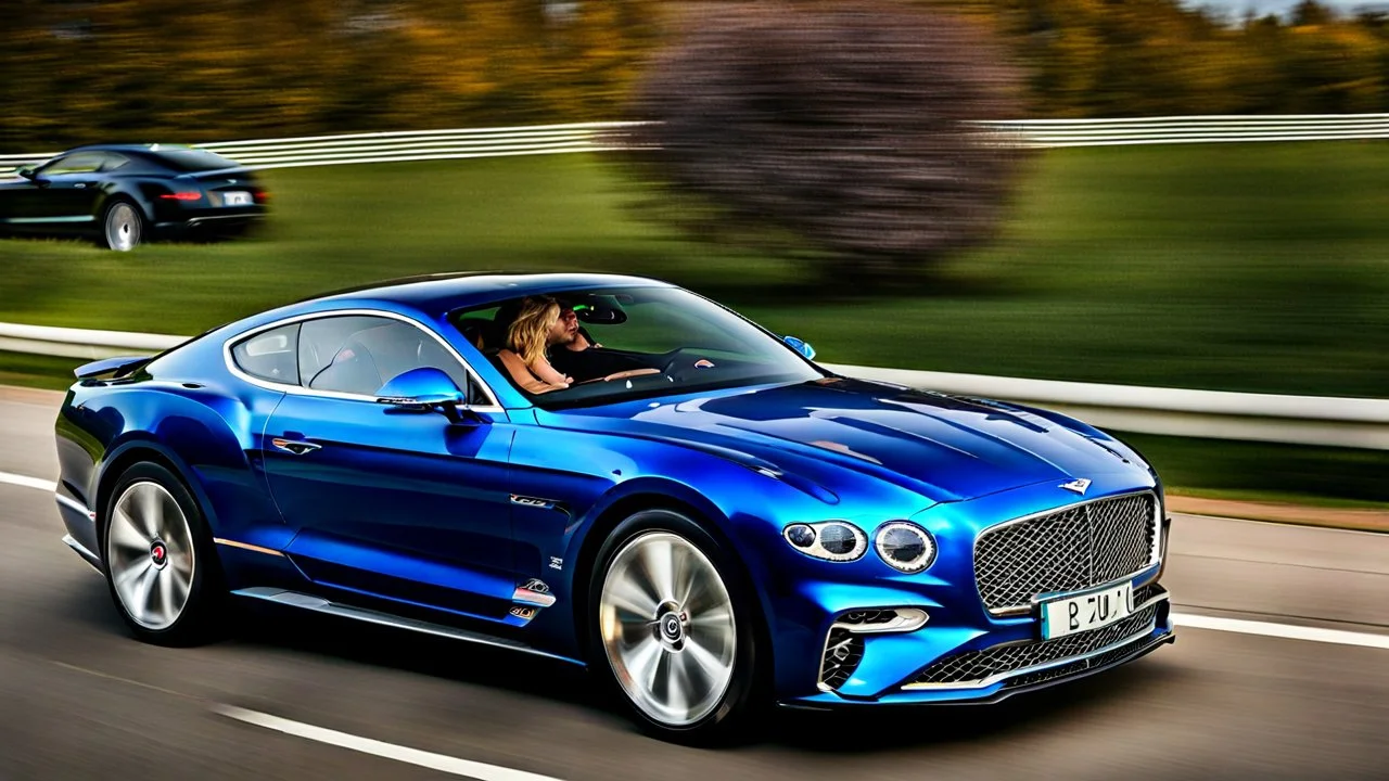 A sleek (((bentley mustang))),, cutting through a (((clear bright blue morning sky)))