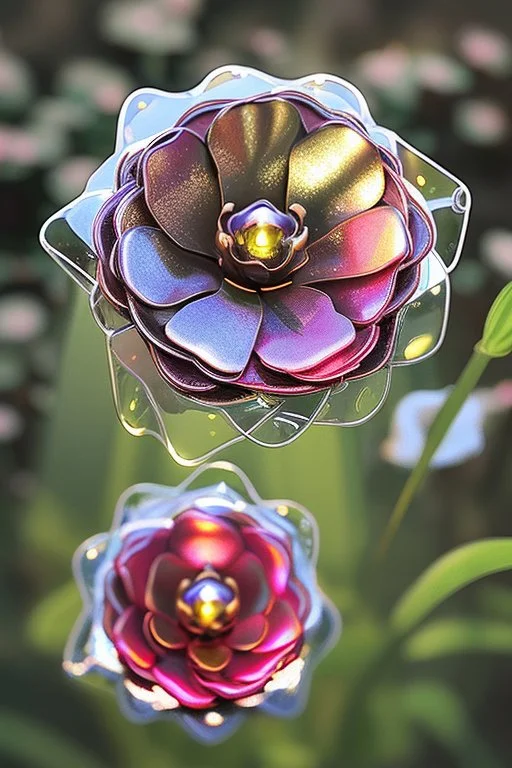 metallic garden shiny-chrome-open-flower-petals glass flowers sharp focus extremely detailed very attractive dynamic lighting exquisite detail