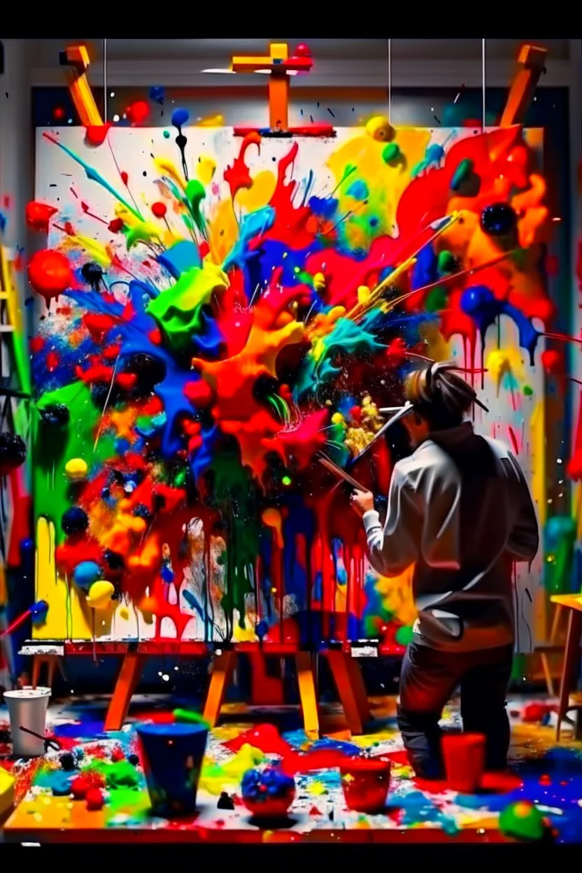 A artist is looking at his canvas painting, the painting is exploding towards him with memories and images that was painted, abstract, weird,8 k, , high quality