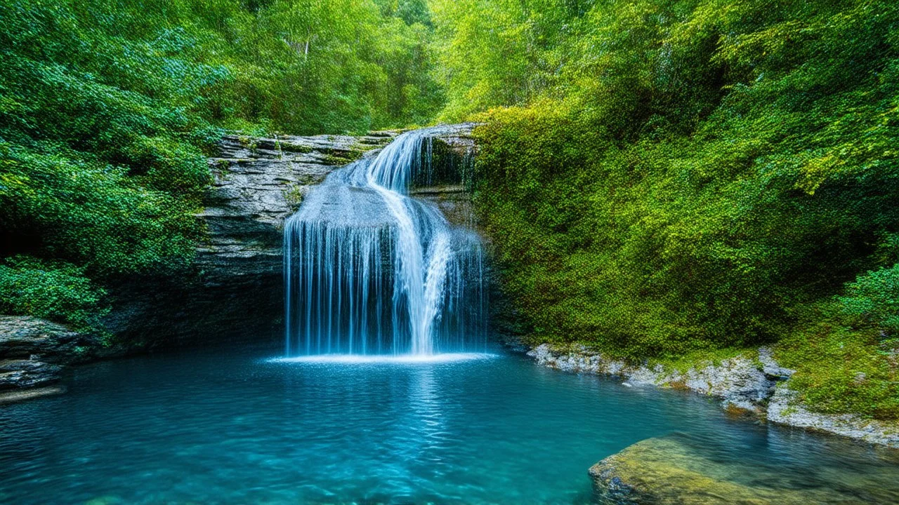 Mystical waterfall cascading into a crystal-clear pool in the depths of the forest