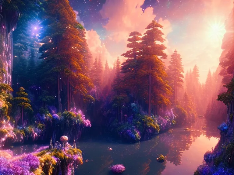 gold and blue crystal cosmic and galactic ambiance hill sky waterfall sunset trees pools river surreal, full of details, smooth, bright sunshine，soft light atmosphere, light effect，vaporwave colorful, concept art, smooth, extremely sharp detail, finely tuned detail, ultra high definition, 8 k, unreal engine 5, ultra sharp focus