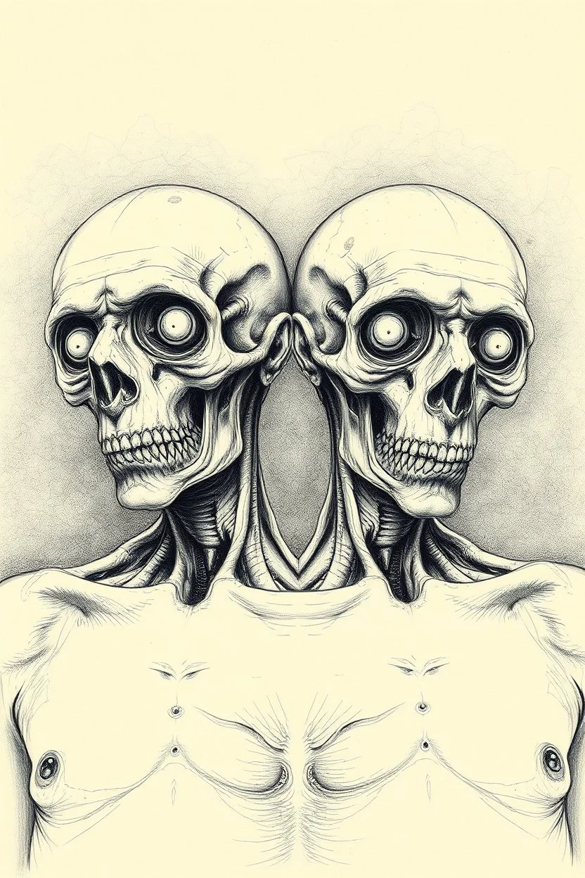 an old men , a thin line draw ، Siamese brothers with one body of two heads , front view camera, decayed and rotting with grotesque proportions and imagery. surreal horror, biomechanical design, by hr giger and beksinski , fine lines draw