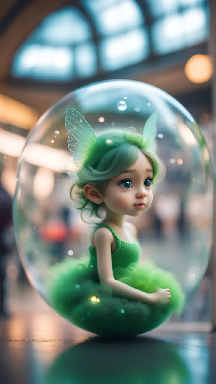 portrait of tiny green winged fairy completly inside crystall ball bubble at the train station,bokeh like f/0.8, tilt-shift lens 8k, high detail, smooth render, down-light, unreal engine, prize winning