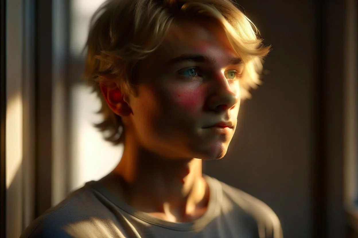 An atmospheric portrait of an athletic teen boy with honey brown eyes and golden blond hair, cute, innocent and thoughtful, leaning against a window, a hint of facial hair, sleeveless shirt, inside an empty room with warm sunlight streaming in, detailed, high definition, 4K, 8K, quality render