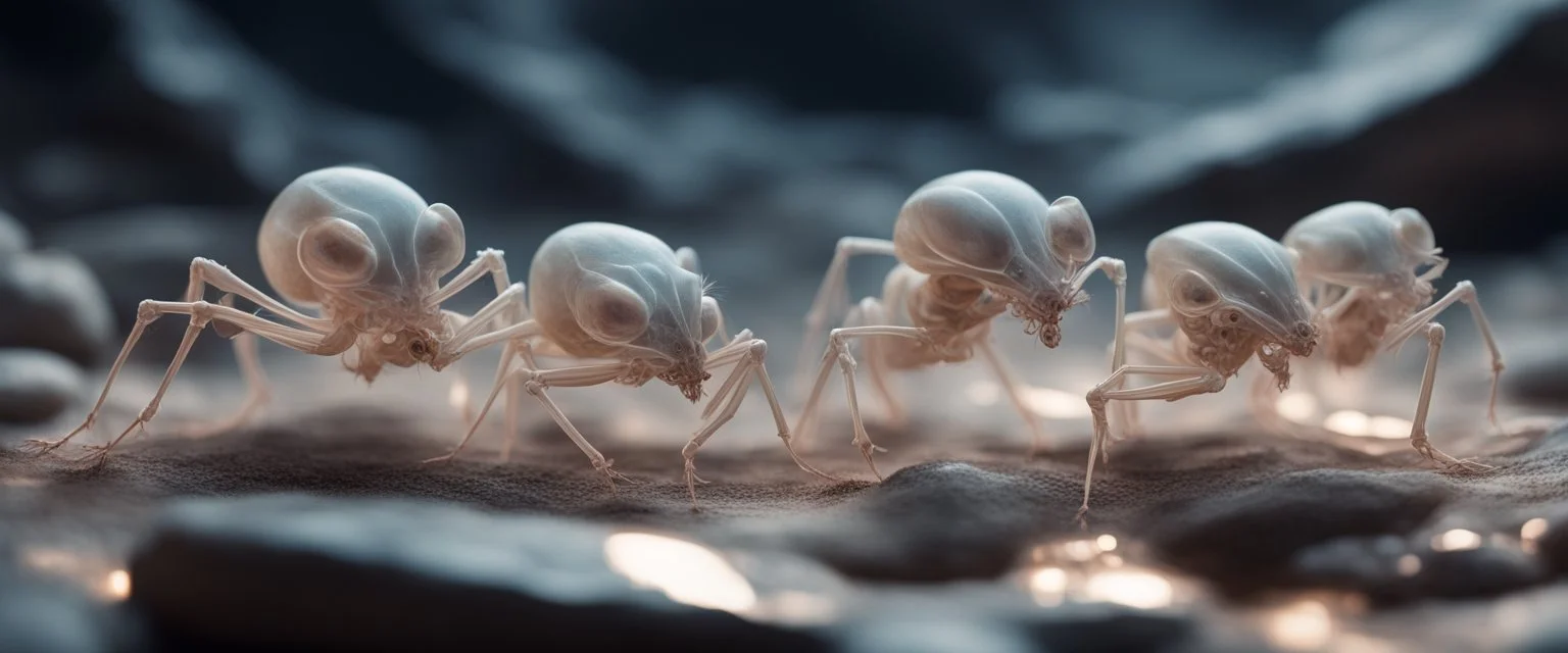 close up on dented glowing ghost transparent ant skeleton rat babies, raised by ninja necromancer in the wild, in surreal reflecting stone chrome landscape