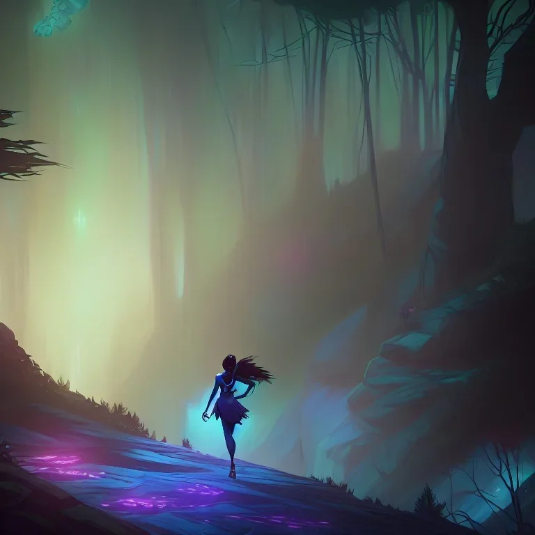 blue ridge mountains environment, fairy novel character, portrait, vibrant colors in the style of athletic african princess, colorful volumetric reflective lighting effects, beautiful spirit ultra detailed, Intricate concept character design is walking through the dark forest woods