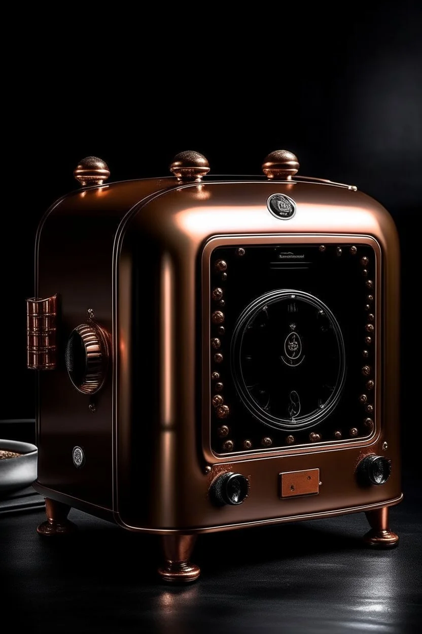 Please produce a photo of an electric oven inspired by copper, which is a new photo and for the cover of a poster. Please, it should be kitchen appliances. The number of items should be less