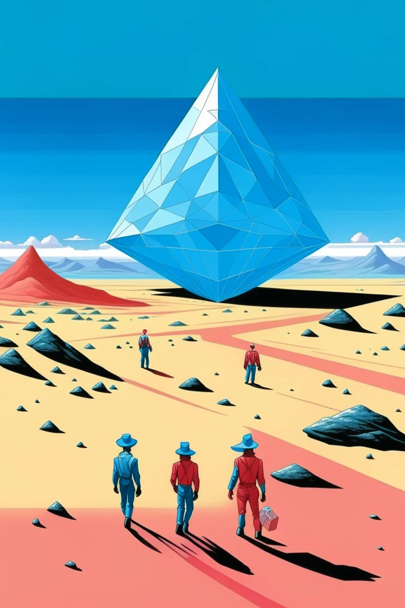 giant diamond in the desert with small people around n the style of Hiroshi Nagai