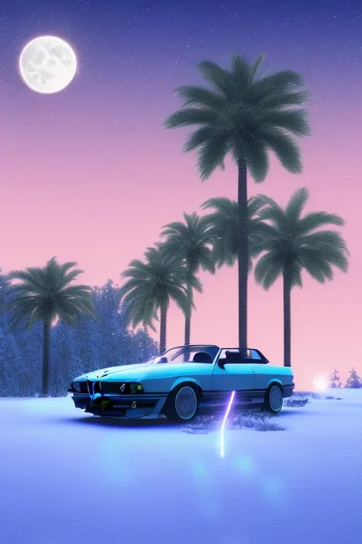 1980's aesthetic vaporwave palm trees with lighting with moon with bmw in the winter snow