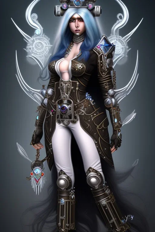 mail black elf with long white hair wearing a steampunk exoskeleton powered by gears, in fantasy style